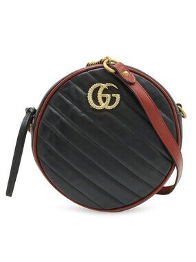 Gucci GG Marmont Round Mini Shoulder Bag Chain Quilted Leather Black Red Gold